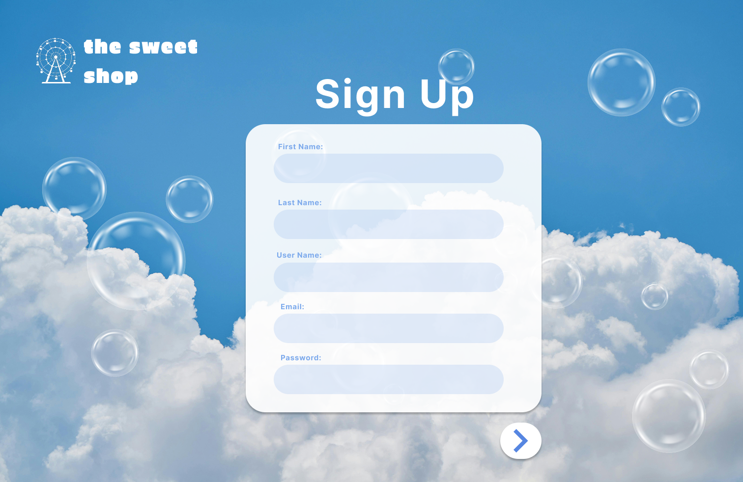 Sweetshop Bubbles Sign Up Screenshot